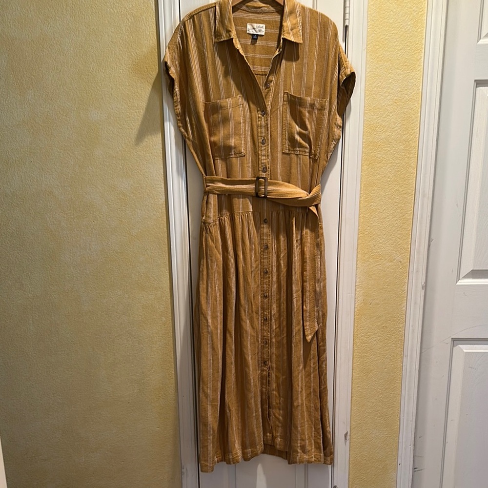 Linen Blend Striped Tan Belted Shirt Dress